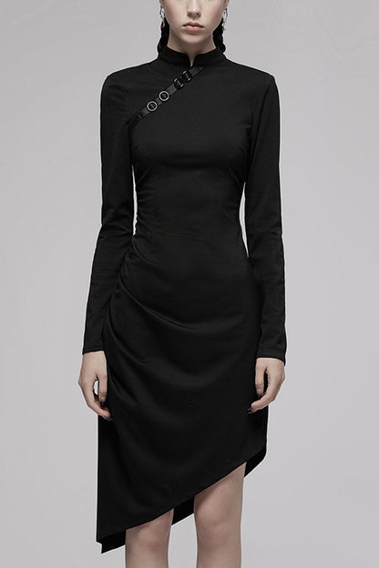 Improved Cheongsam Pointed Hem Drawstring Black Punk Dress