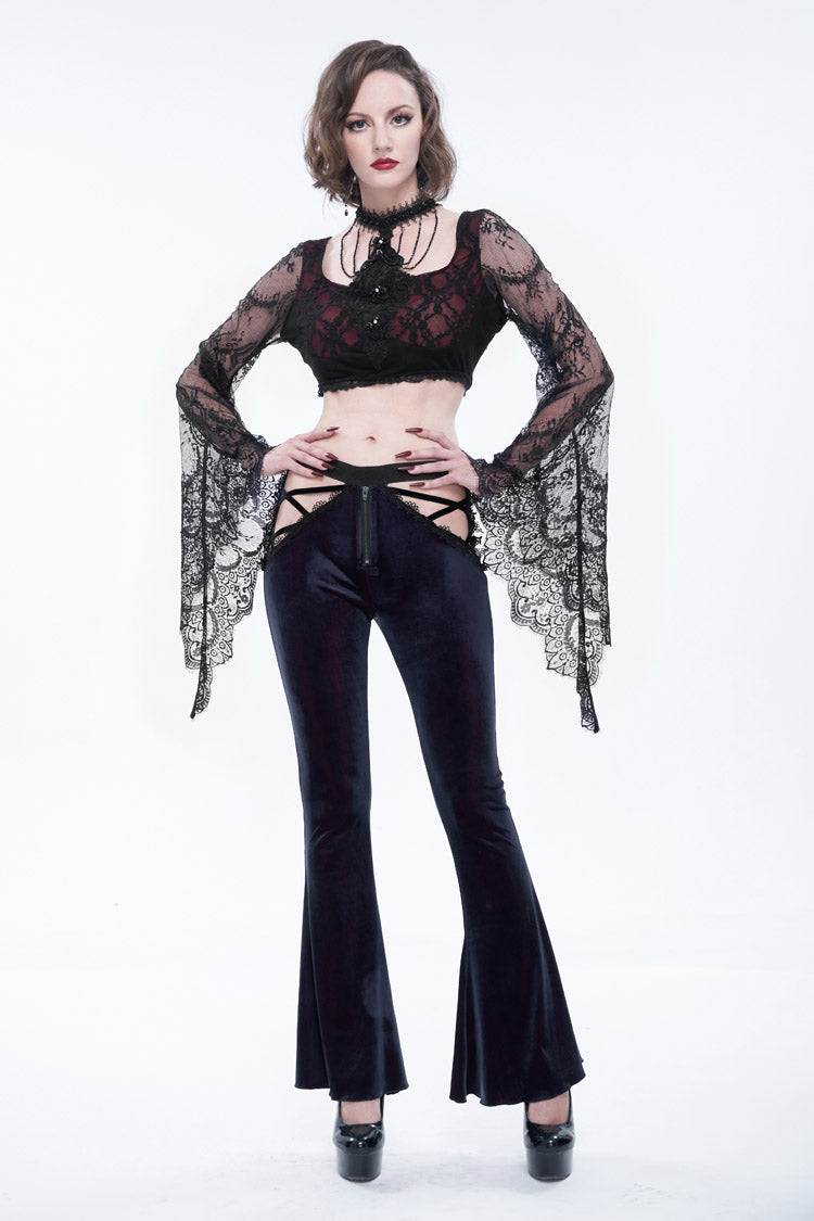 Velvet Low-Rise Ribbon Cutout Flare Gothic Pants
