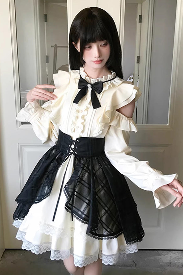 Black Beige Dark Chocolate Champagne Stand Collar Off Shoulder Long Sleeve Double Layer Ruffle Sweet Japanese Lolita Dress