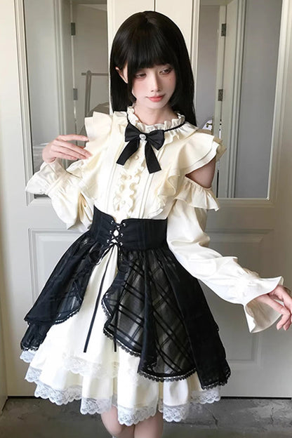 Black Beige Dark Chocolate Champagne Stand Collar Off Shoulder Long Sleeve Double Layer Ruffle Sweet Japanese Lolita Dress