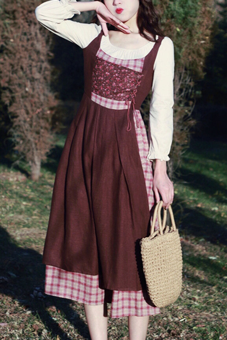 Brown French Retro Sweet Lolita OP Dress with Plaid and Crinkle Details