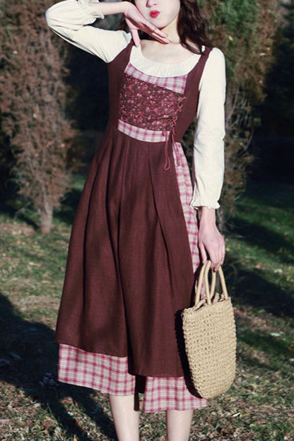 Brown French Retro Sweet Lolita OP Dress with Plaid and Crinkle Details