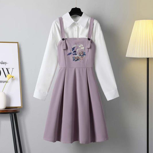 Vintage Floral Pocket Shirt Suspender Dress Set