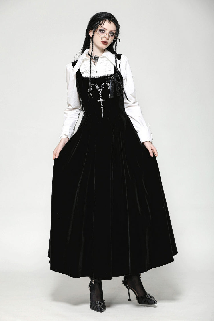 Gothic Women's Velvet Maxi Dress with Embroidered Horns and Lace-Up Back