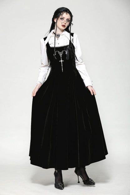 Gothic Women's Velvet Maxi Dress with Embroidered Horns and Lace-Up Back
