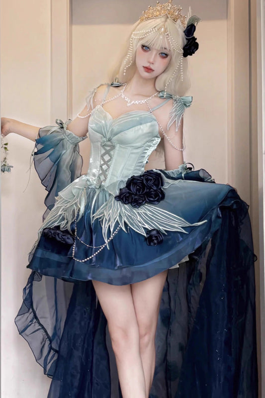 Undersea Blue Sweet Ballet Lolita Swan Wonderland Embroidery Lace-Up Mini JSK Dress