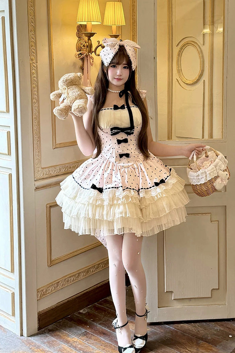 Rose Dot Waltz Square Neck Flutter Sleeve Triple Layer Printed Ruffle Bow JSK Dress