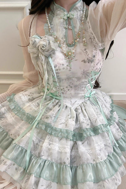 Peach Moon Bamboo Halterneck Print Ruffle Dress - Chinese Lolita Style