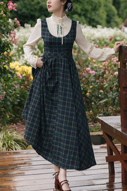 Dark Green Vintage Classic Lolita Dress with Plaid Print and Embroidery
