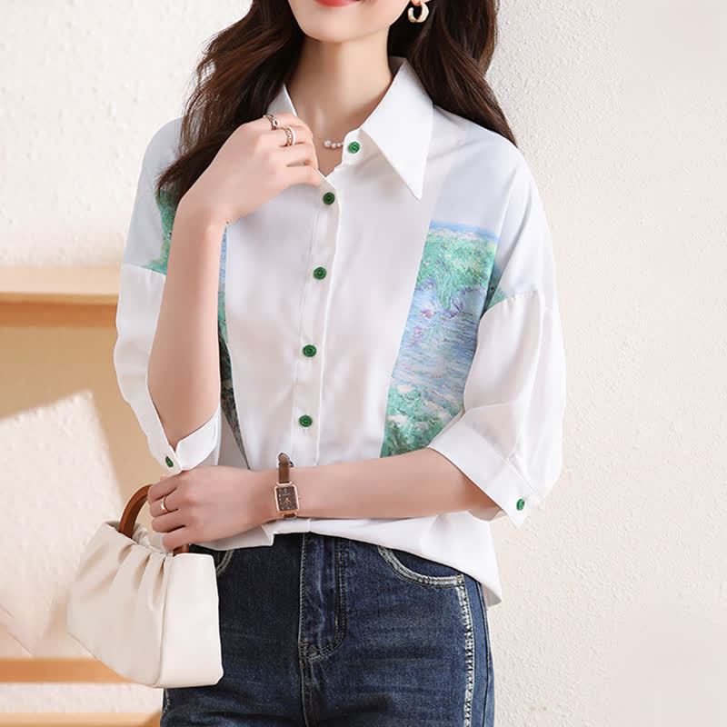 Chic Painting Print Chiffon Lapel Shirt