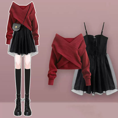 Dress Knot Sweater Set Tulle Cardigan Slip Up Lace Chic Bow