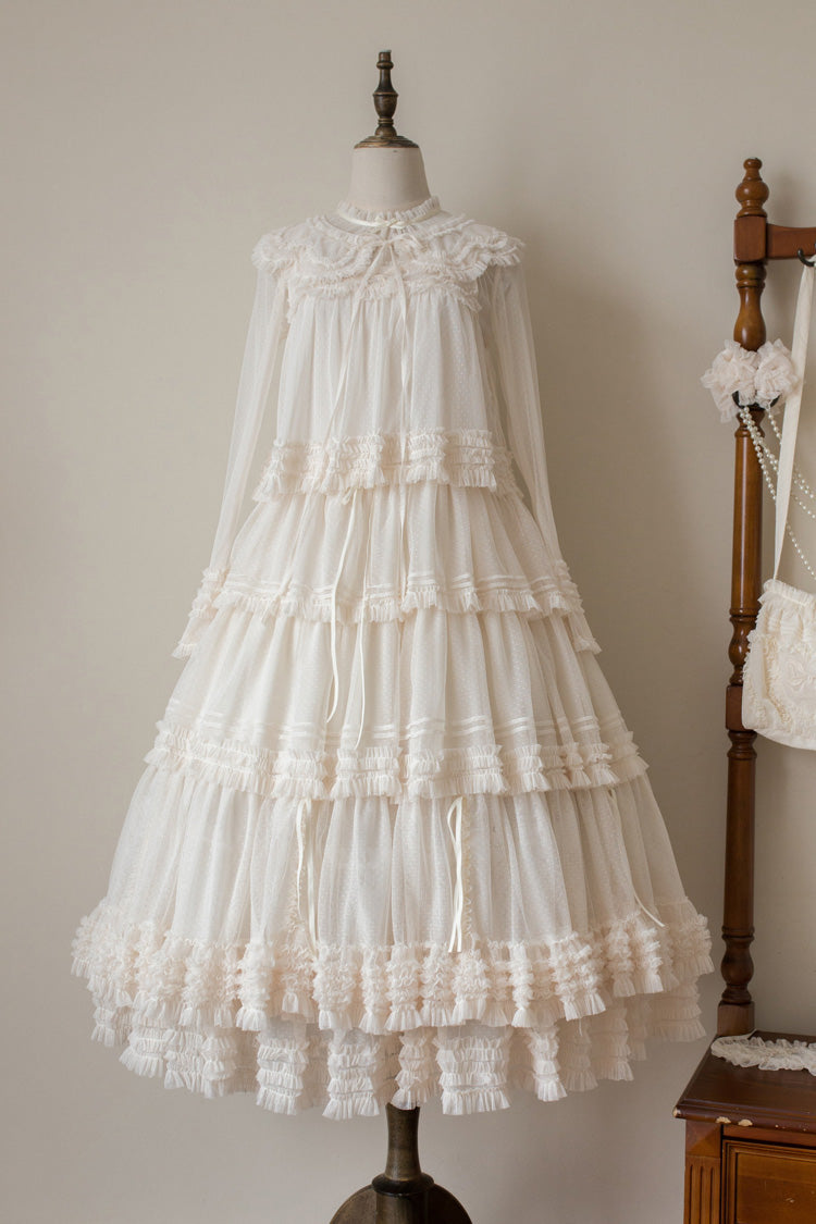 Sweet Stand Collar Long Sleeve Multi Layer Ruffle Color Block Lolita Tiered Dress 14 Colors