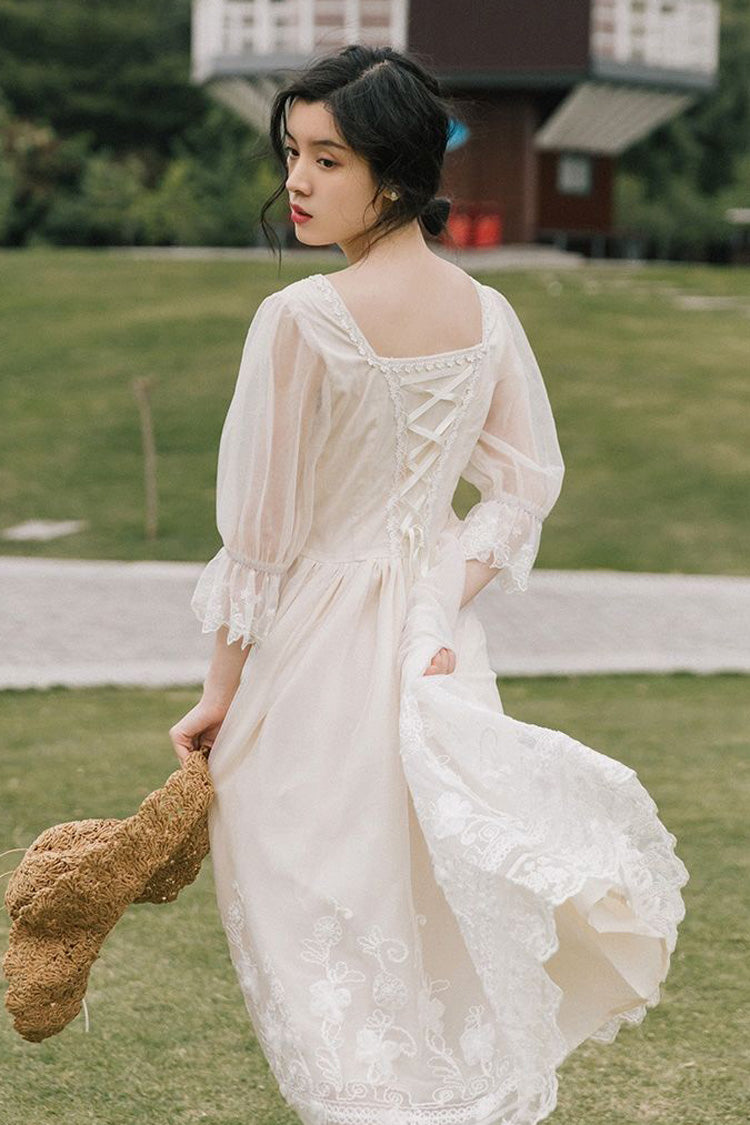 White Sweet Lolita OP Dress with Lace Sleeves and Floral Embroidery