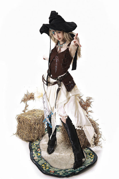 Brown White Dune Shadow Seeker Sleeveless Ruffle Embroidered Irregular Vintage Lolita Skirt Set