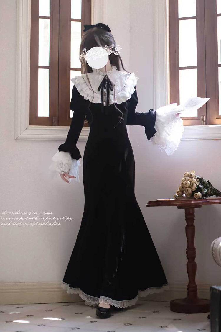 Velvet Gothic Elegant Fishtail Dress with Long Hime Sleeves and Bow - Raven-Feather Poetic Letter