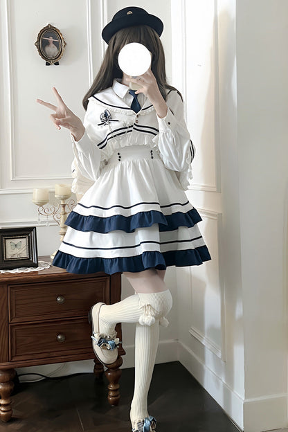 White Long Sleeve Double-Layer Ruffle Sweet College Lolita Dress