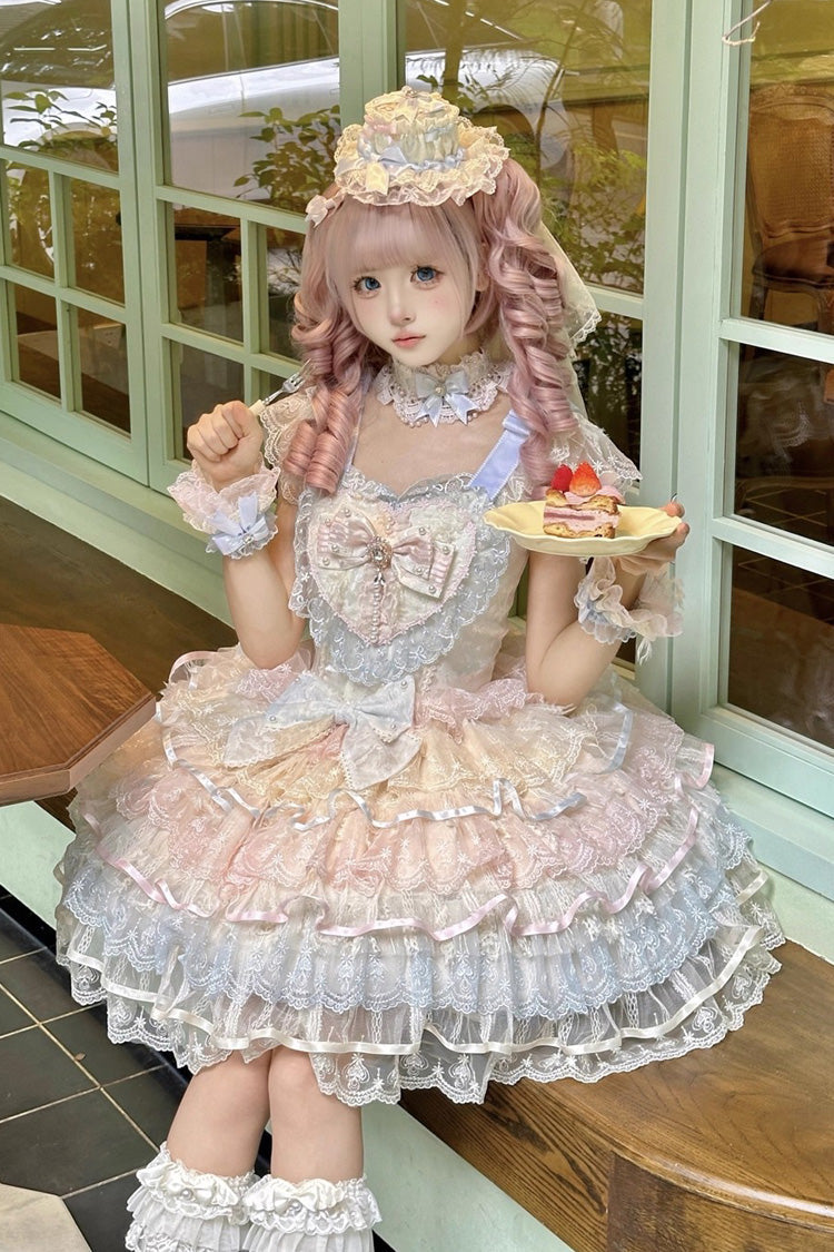 Rainbow Feathers Ballad Sleeveless Multi-Layered Ruffle Hanayome Bow Sweet Lolita Jsk Dress