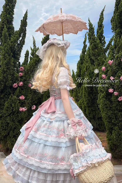 Multicolor Rose Flower Cage Print Triple Ruffle Bow Dress
