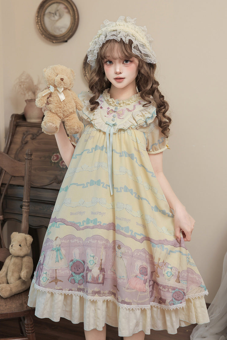 Sunny Short-Sleeve Bear Printed Ruffled Bow Dress Ensemble