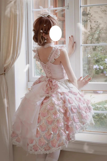 Rose Peacock Feather Tiered Ruffle Bride Cardigan Bow Lace Sweet Lolita JSK Set