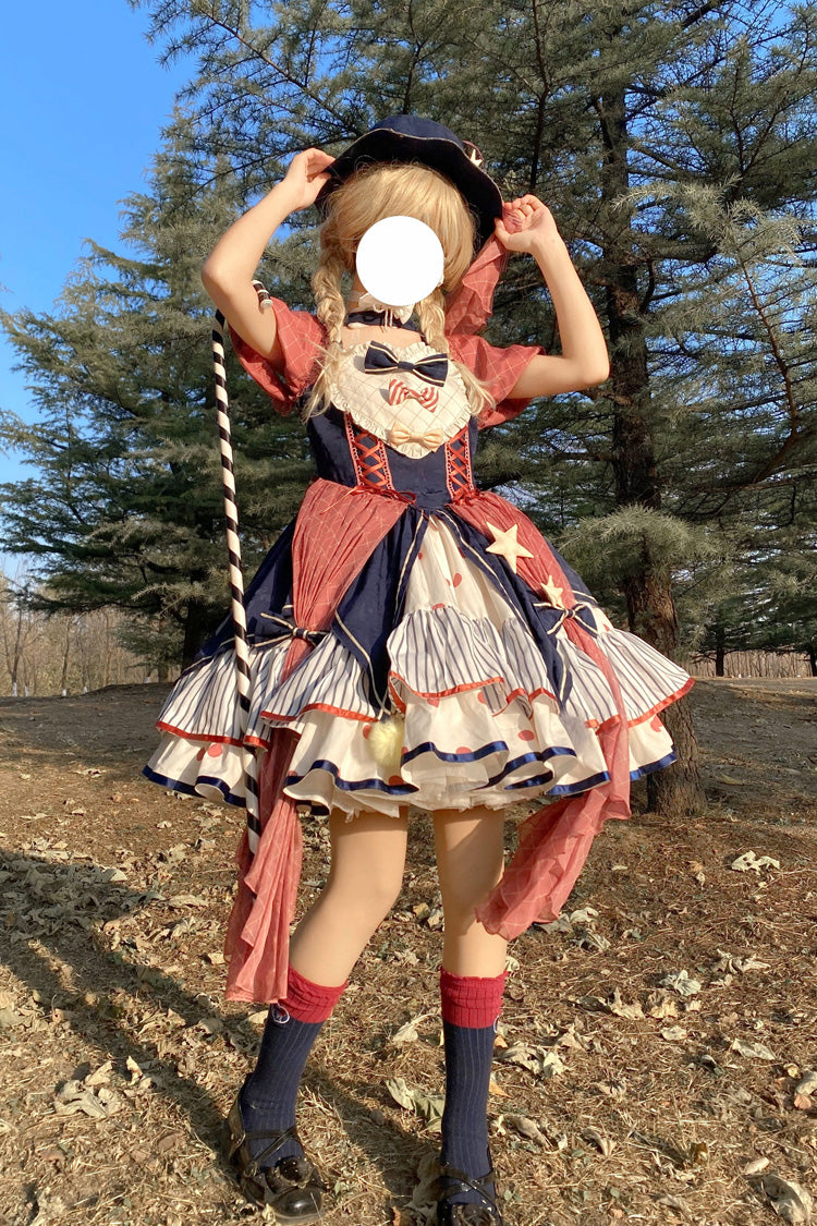 Circus Theme Short-Sleeved Layered Print Ruffled Bow Sweet Dress