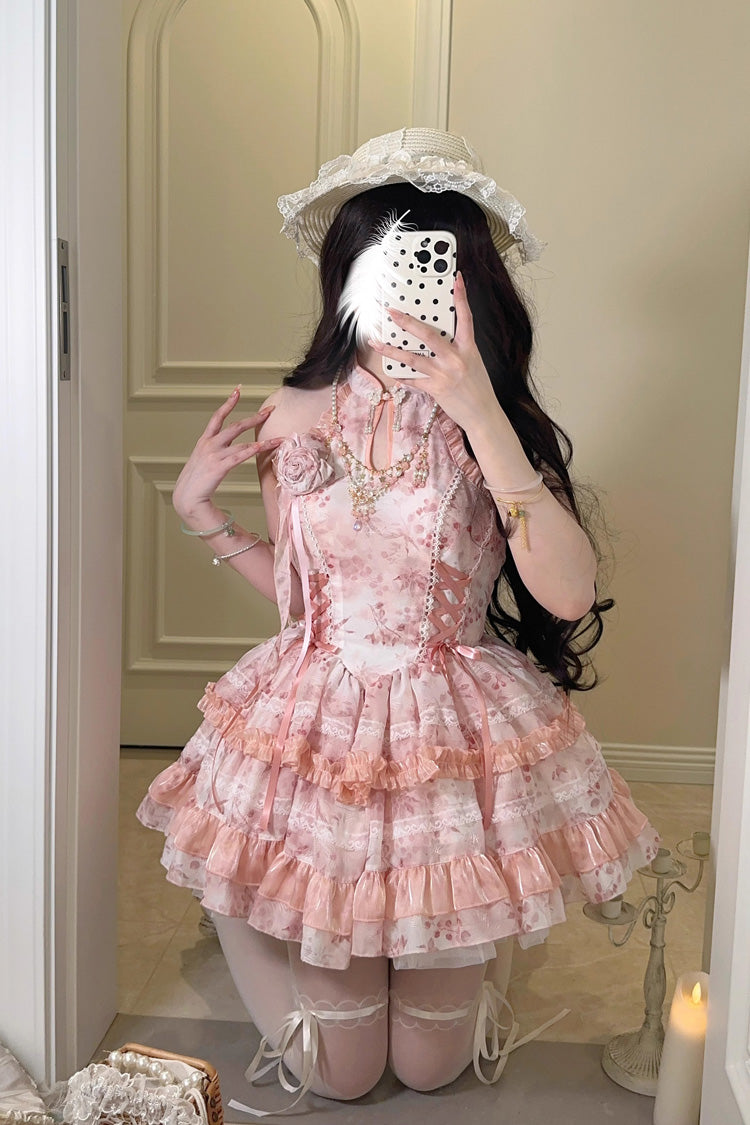 Peach Moon Bamboo Halterneck Print Ruffle Dress - Chinese Lolita Style