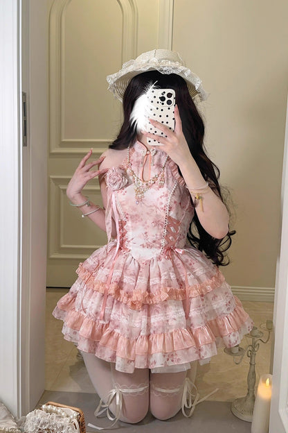 Peach Moon Bamboo Halterneck Print Ruffle Dress - Chinese Lolita Style