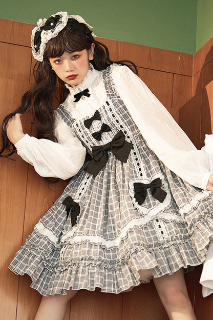 Black/White High-Waist Sweet Lolita JSK with Bow and Plaid Ruffles