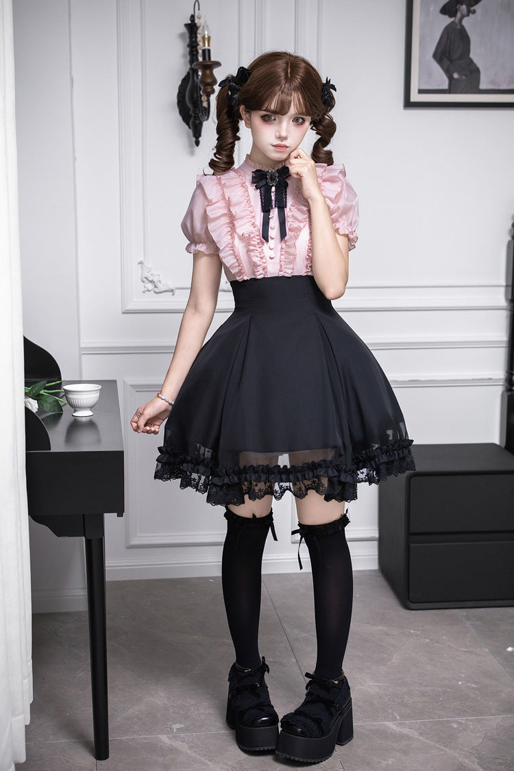 Puff-Sleeve Color-Blocked Faux Two-Piece Sweet Dress