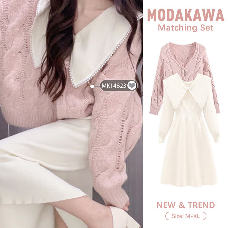 Sweet Cable Knit V-neck Cardigan Sweater Pearl Dress