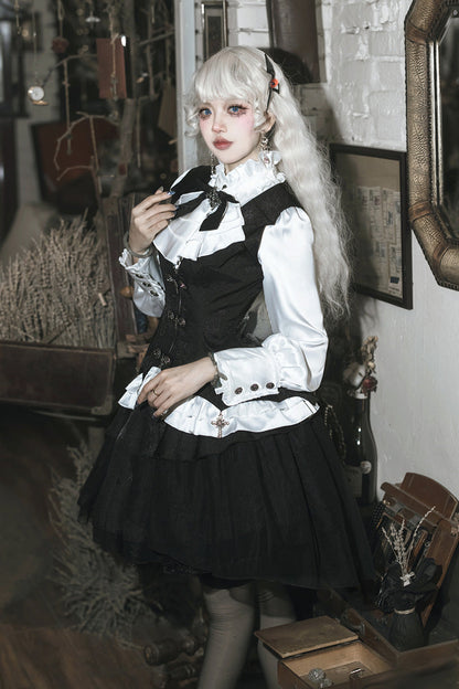 Black White Gothic Lace Vest Skirt Set