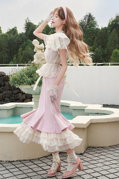 Rose Multi-Tier Ruffle Sweet Lolita Mermaid Gown - Love Diary