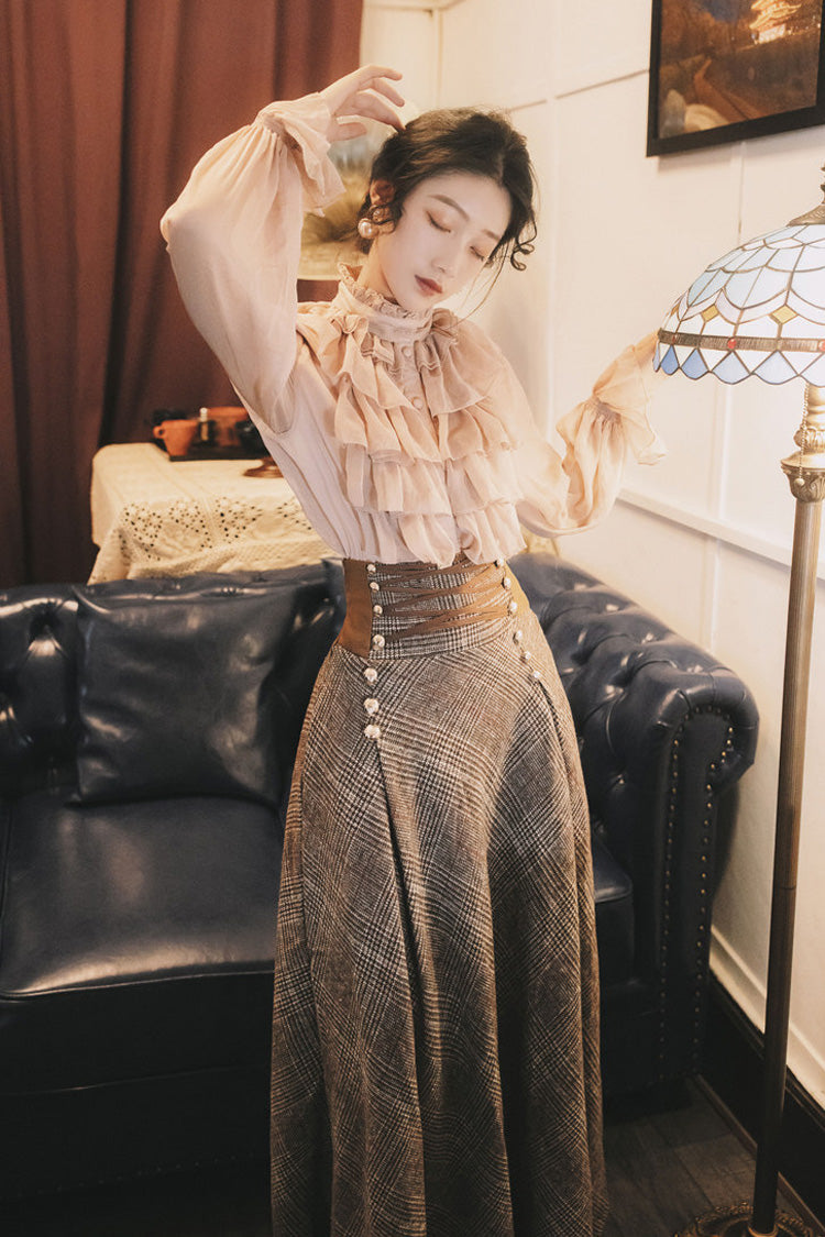 Pink Brown Stand Collar Long Lantern Sleeves Lace-Up Vintage Lolita Skirt Set