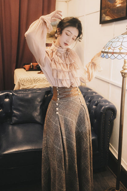Pink Brown Stand Collar Long Lantern Sleeves Lace-Up Vintage Lolita Skirt Set