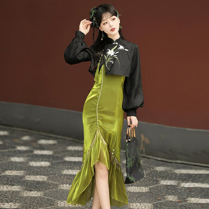 Pearl Dress Pieces Tassel Embroidery Top Two Vintage Flower