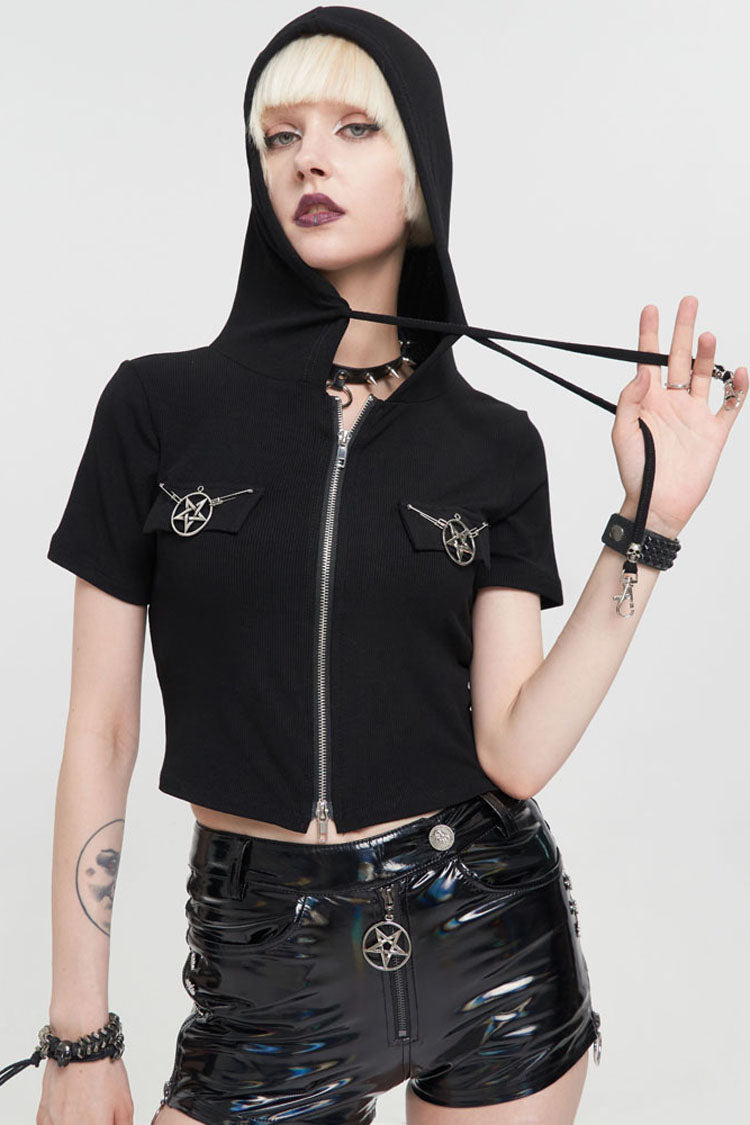 Front Zipper Double Pentagram Hooded Goth Tee