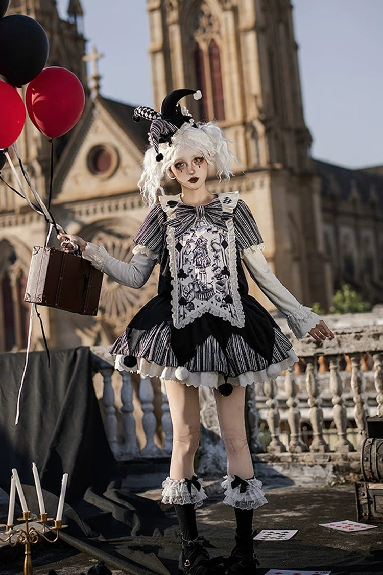 Letters and Poems Doll Mask Poker Clown Long Sleeves Ruffled Bow Gothic Lolita Dress Set