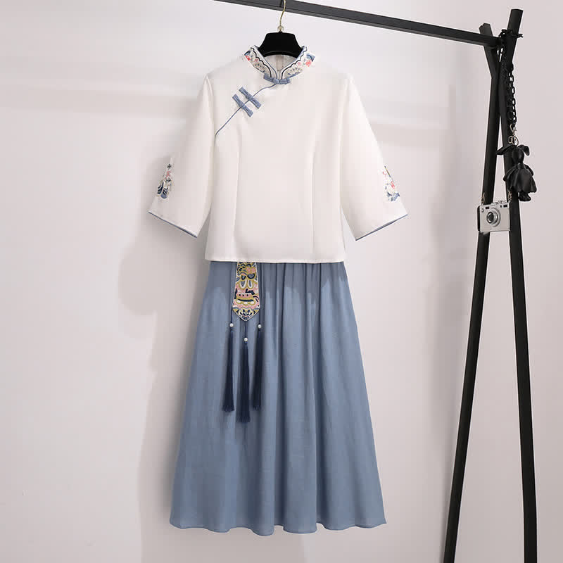Vintage Buckle White Tassel Hanfu Shirt Skirt