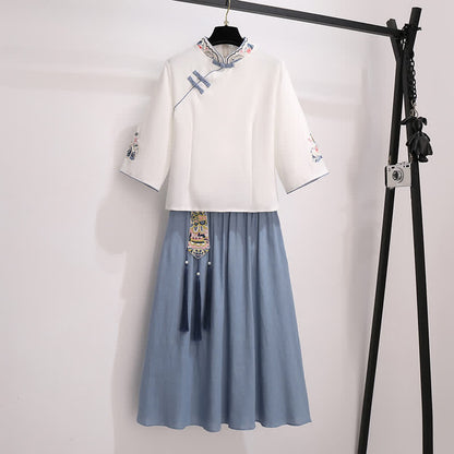 Vintage Buckle White Tassel Hanfu Shirt Skirt