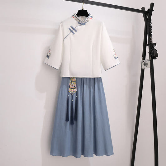 Vintage Buckle White Tassel Hanfu Shirt Skirt
