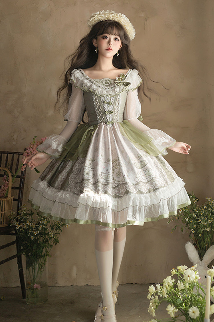 Emerald Lace-Up Bow Lolita OP Dress - Teacup Rabbit