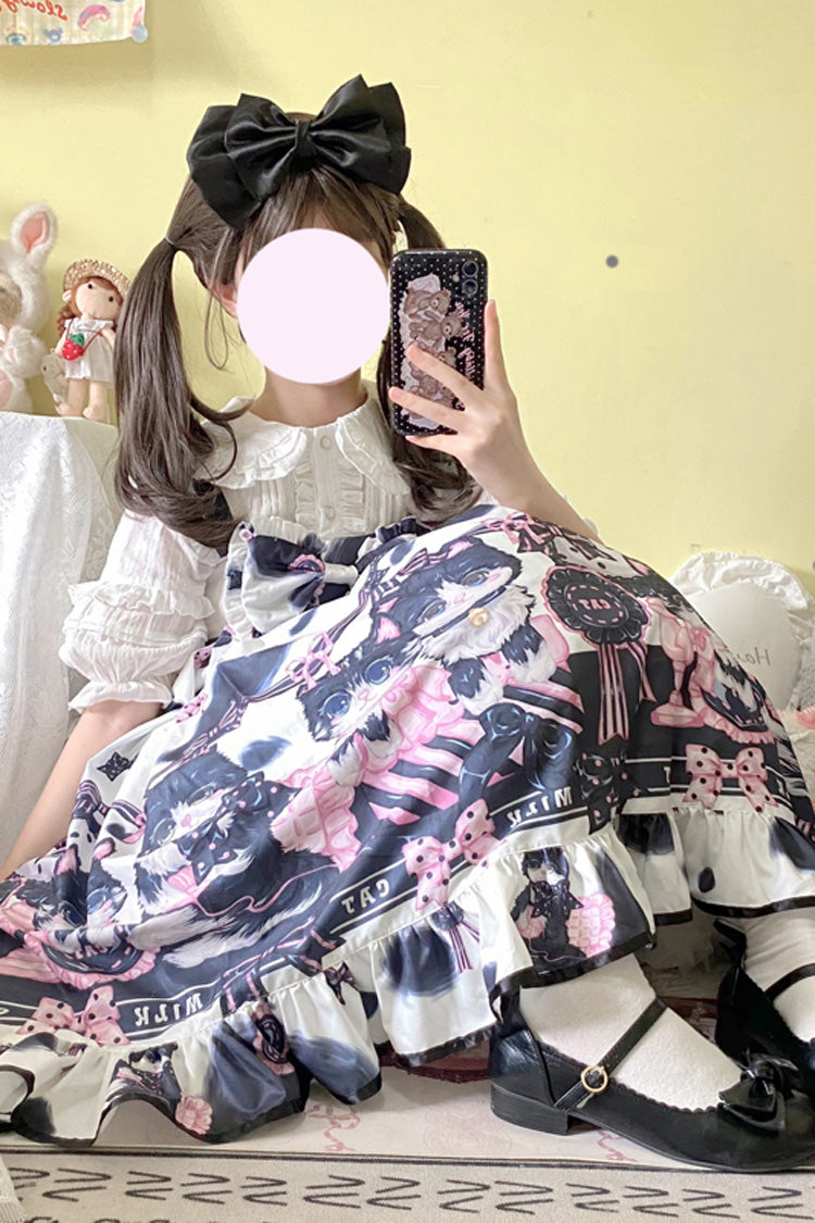 Cow Cat Print Ruffle Ribbon Sweet Lolita Jumper Dress