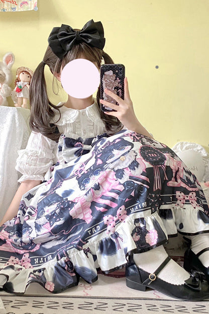 Cow Cat Print Ruffle Ribbon Sweet Lolita Jumper Dress