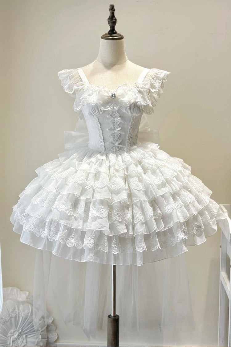 White Broken Wings Rebirth Sleeveless Multi-Layered Ruffle Bow Lace-Up Gothic Ballet Lolita Jsk Dress