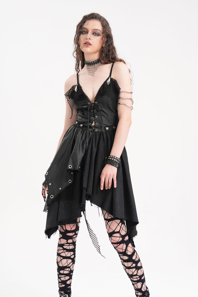 Mesh Panel Irregular Gothic Slip Dress in Black - NoirEdge