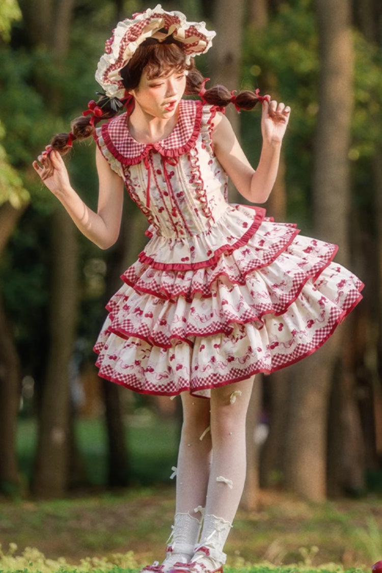 Crimson Three-Tier Cherry Print Ruffle Sweet Lolita Skirt Ensemble