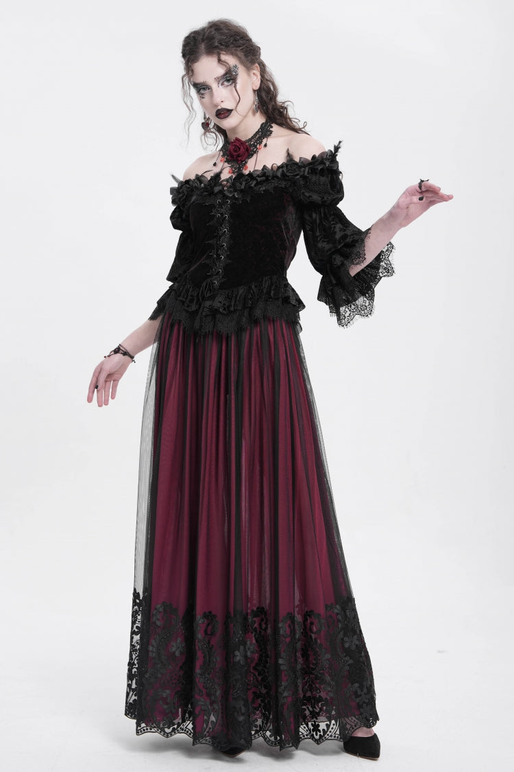Crimson Stitched Floral Mesh Women's Goth Skirt