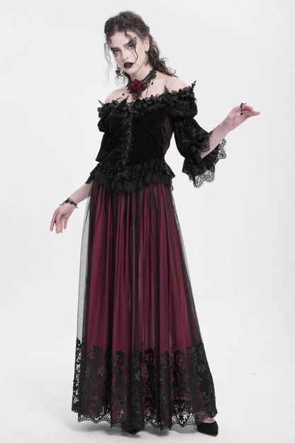 Crimson Stitched Floral Mesh Women's Goth Skirt