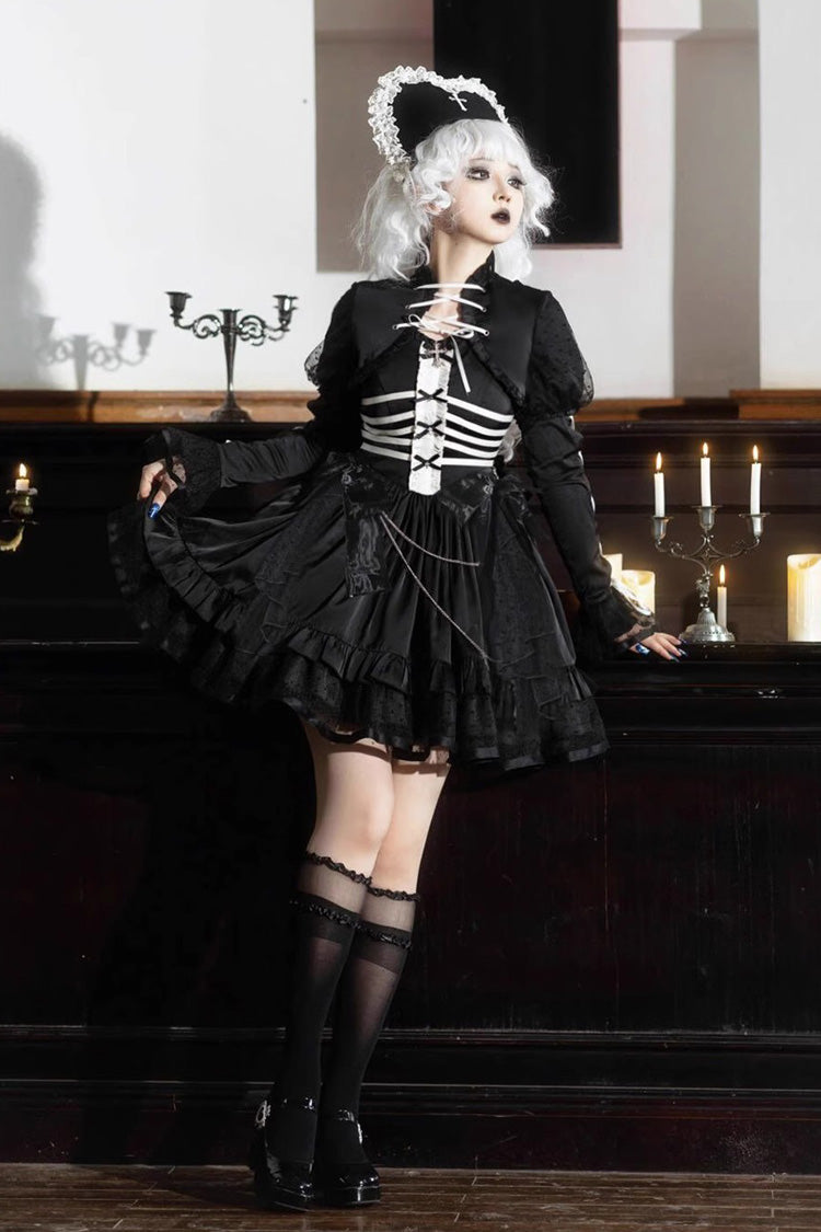 Black Gothic Princess Lolita JSK Dress with Multi-Layer Ruffles and Bowknot