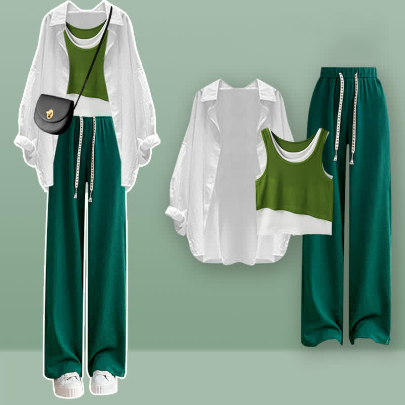 Ensemble chemise chic verte, haut camisole et pantalon